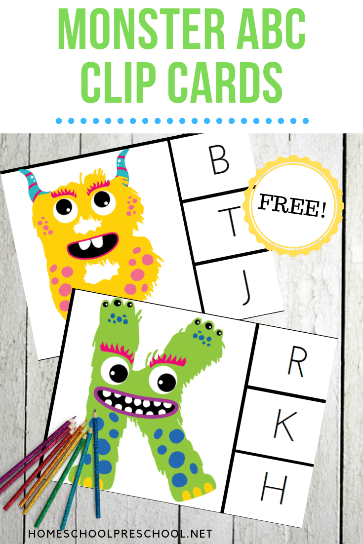 Practice letter recognition and build fine motor skills with these free monster alphabet clip cards. They're super fun for little ones!