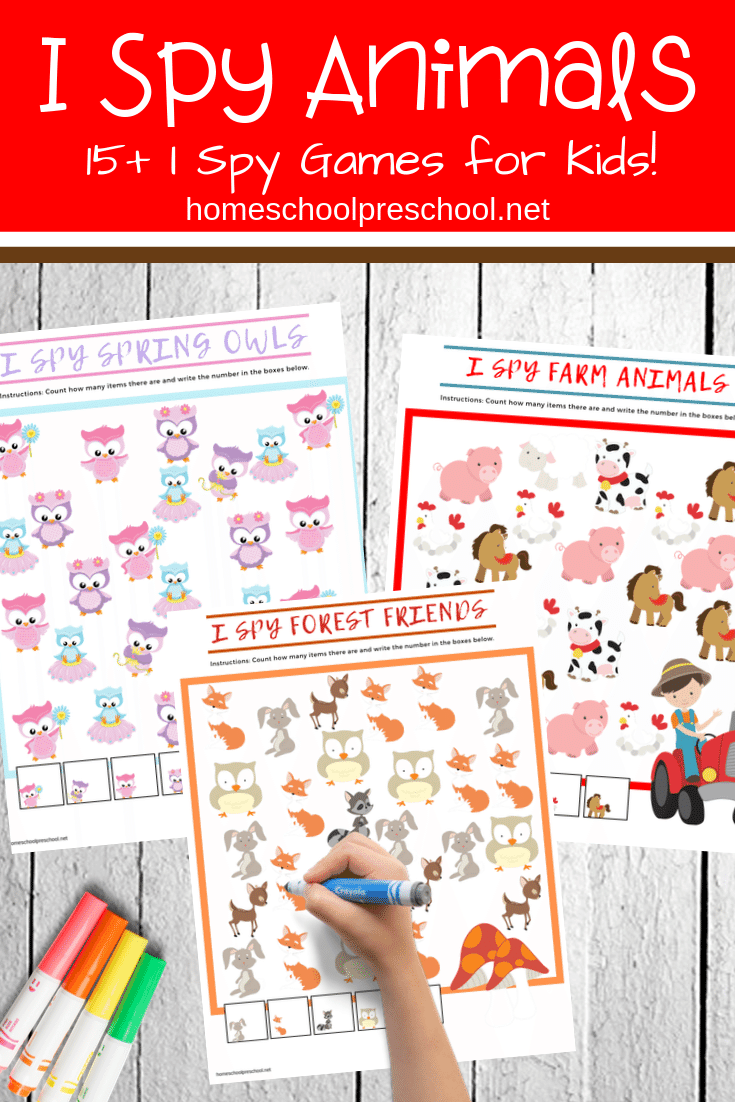Don't miss this awesome collection of printable I Spy Animals games for kids! With more than fifteen animal themes to choose from, there's something for everyone!