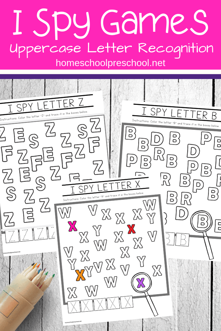 Download this set of uppercase I Spy Letter printable games. These alphabet worksheets are the perfect addition to your preschool literacy centers.