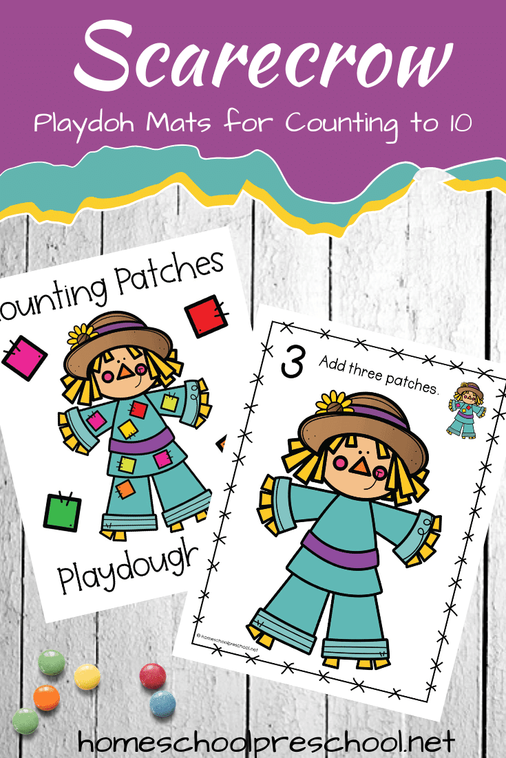 This fall, your preschoolers can practice counting to ten as they add patches to the scarecrows on these scarecrow playdough mats!
