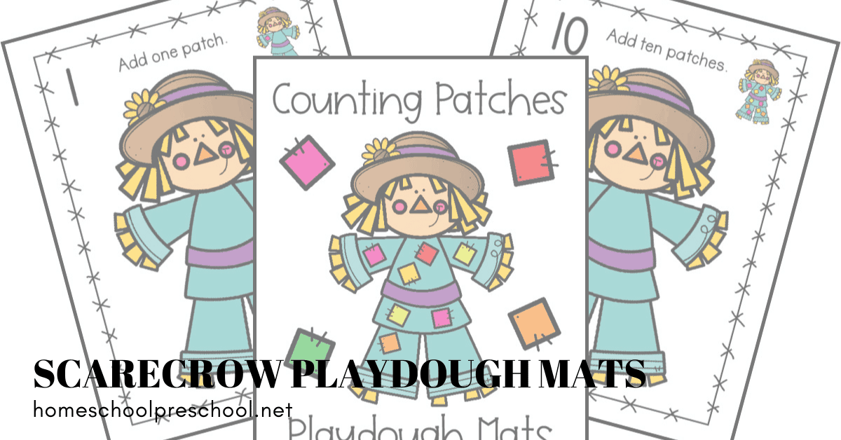 This fall, your preschoolers can practice counting to ten as they add patches to the scarecrows on these scarecrow playdough mats!