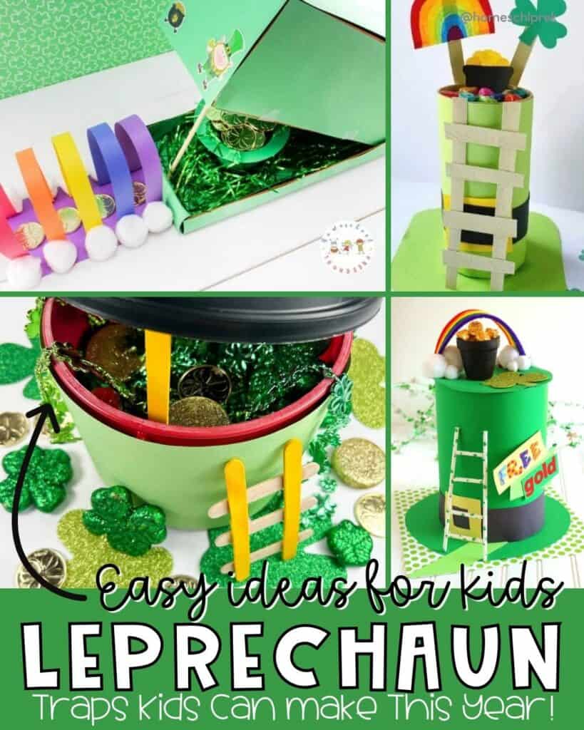Easy leprechaun trap ideas for kids including a shoebox rainbow trap, coffee canister trap with ladder, and gold coin bait decorations for St. Patrick’s Day.