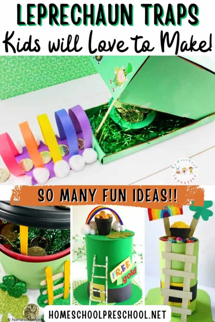 Colorful DIY leprechaun trap ideas for kids including a rainbow shoebox trap, green coffee canister trap with ladder, and gold coin bait decorations for St. Patrick’s Day.