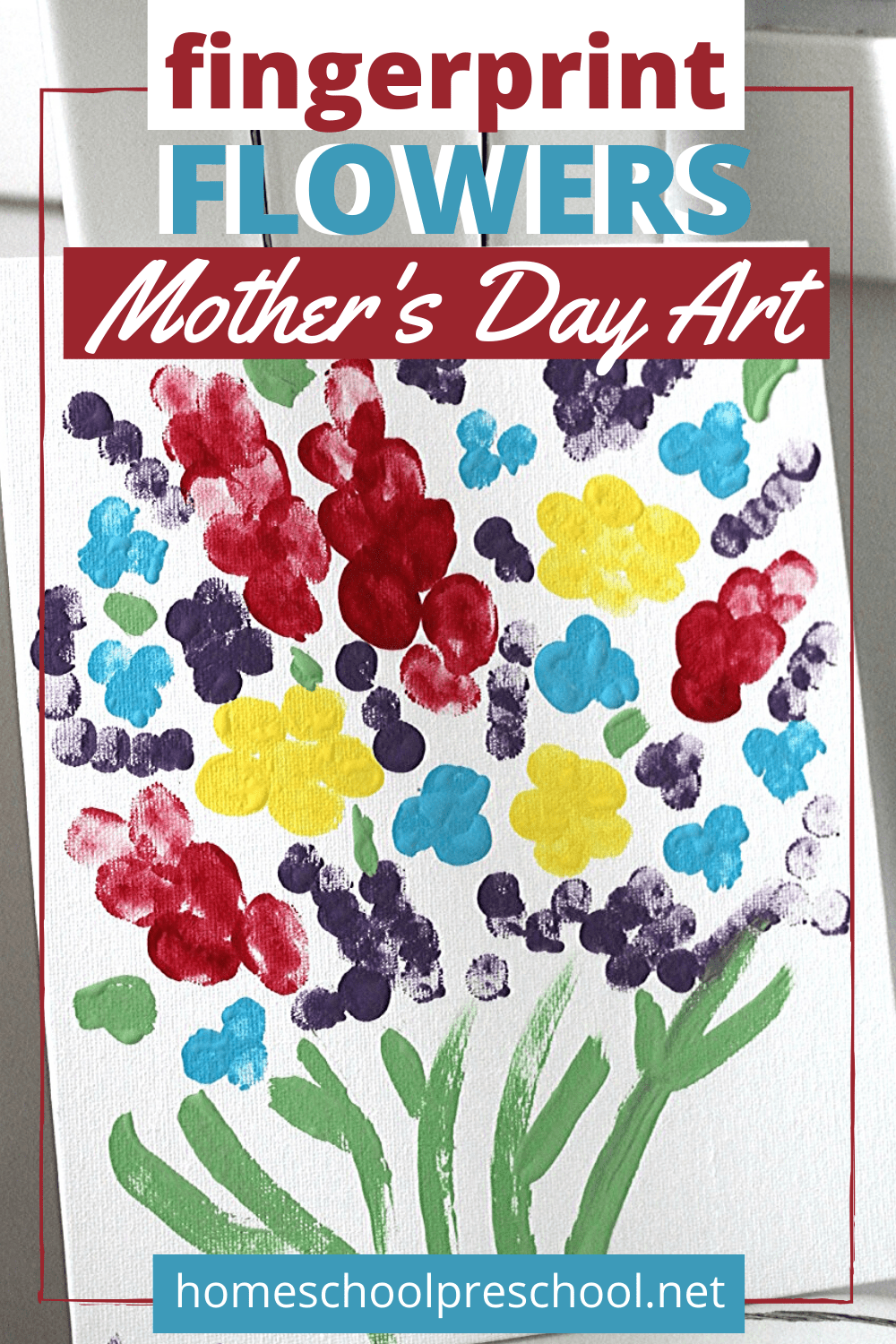 Fingerprint flower art is perfect for spring and summer. This adorable canvas is the perfect Mother's Day craft for preschoolers to make!