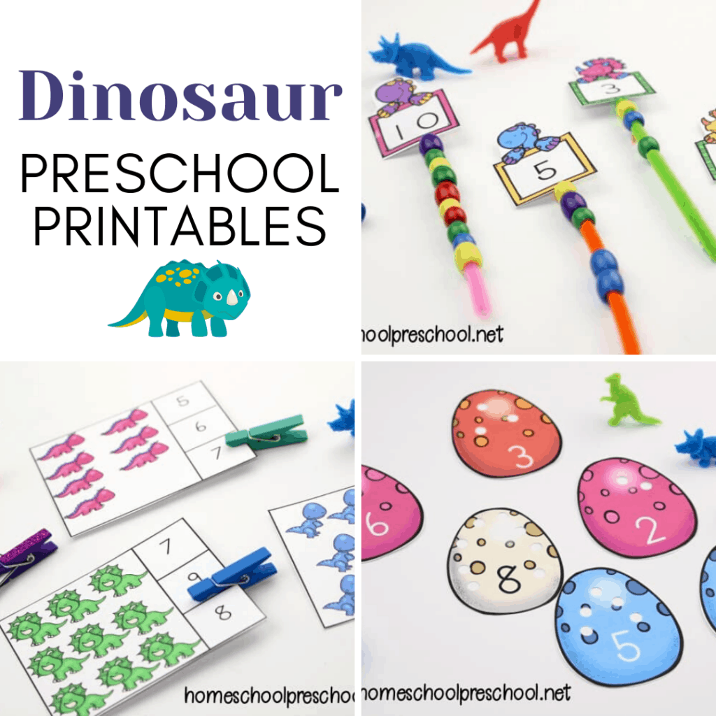 This dino-mite collection of dinosaur printables for preschoolers helps engage young learners as they learn basic math and literacy skills. 