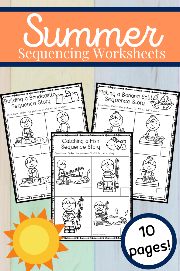 Free sequencing worksheets that are perfect for summer! Young learners will sequence and retell four-part summer stories.