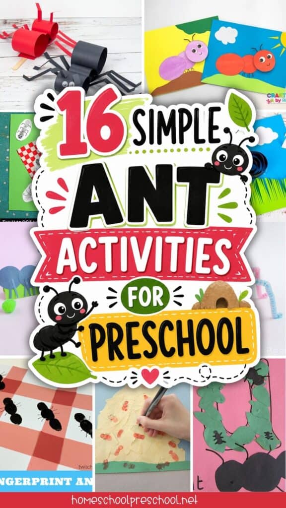 16 simple ant activities for preschool including ant crafts, fingerprint art, paper ants, and easy bug-themed learning activities for kids.