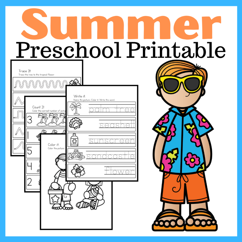 Don't miss this fun summer printable for preschoolers! It contains activities that focus on math, literacy, and fine motor skills. 