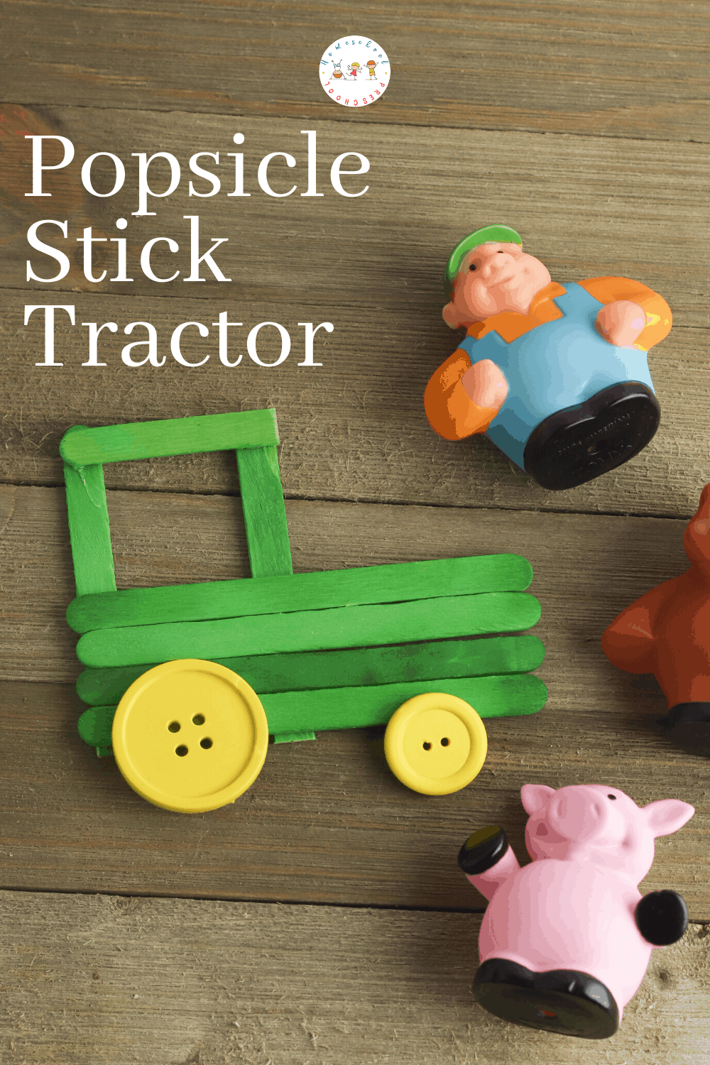 Don't miss this adorable popsicle stick tractor craft for preschool kiddos! Add it to your farm or transportation themes for a fun craft activity.