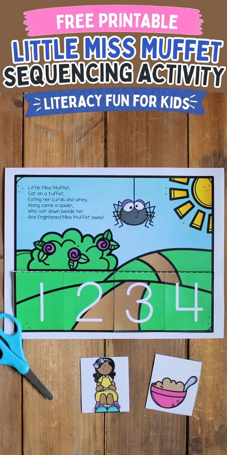 Little Miss Muffet sequencing printable with numbered flaps, picture cards, and scissors on a wooden table