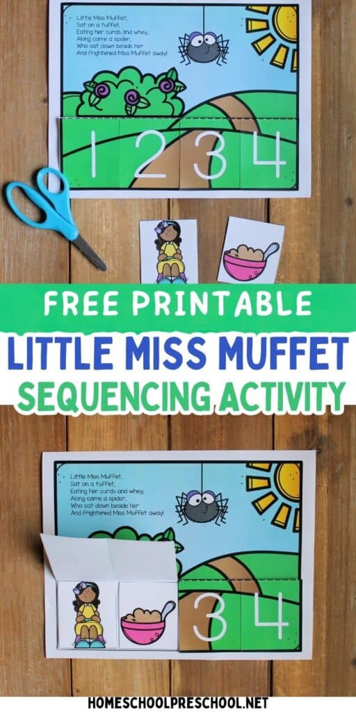 Free Little Miss Muffet sequencing activity showing numbered flip-book flaps and picture sequencing cards