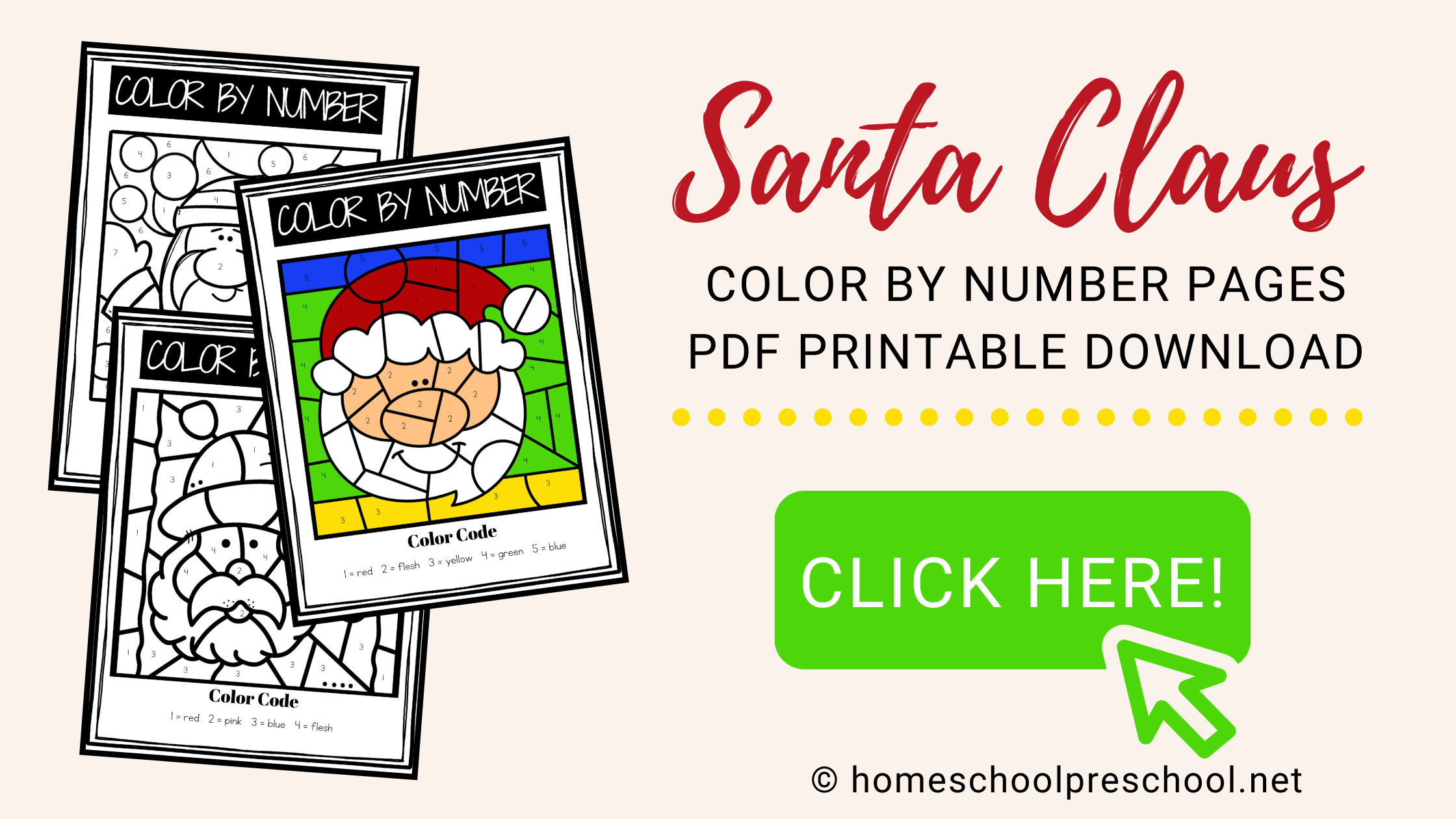 Printable Santa Color By Number Preschool Pages