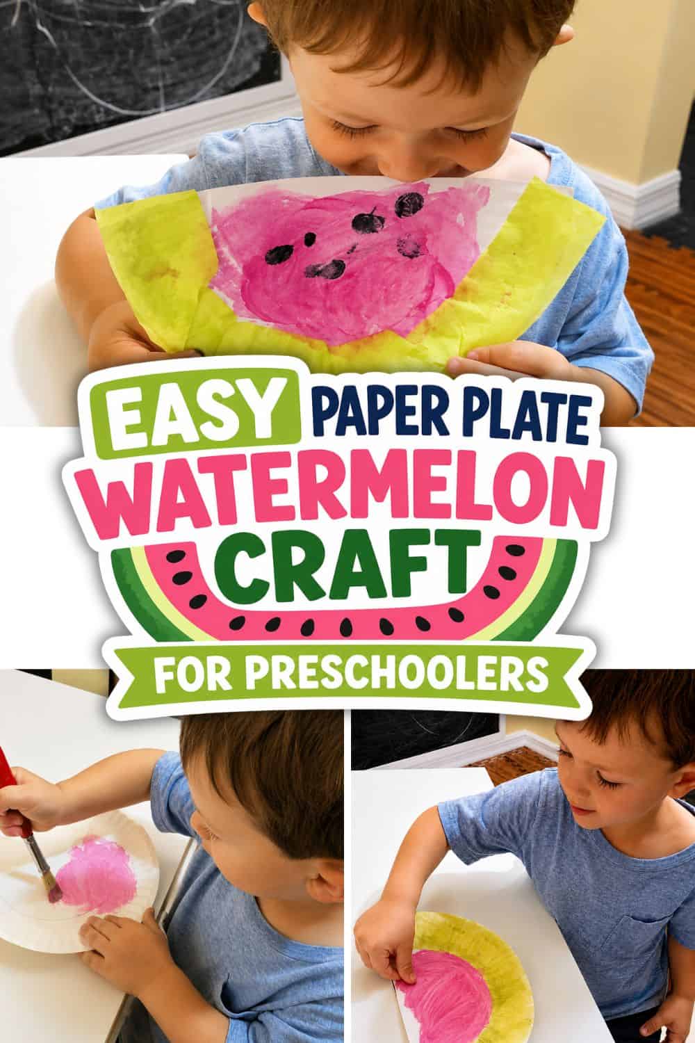 Preschooler making a paper plate watermelon craft with paint in a step-by-step summer activity collage for kids.