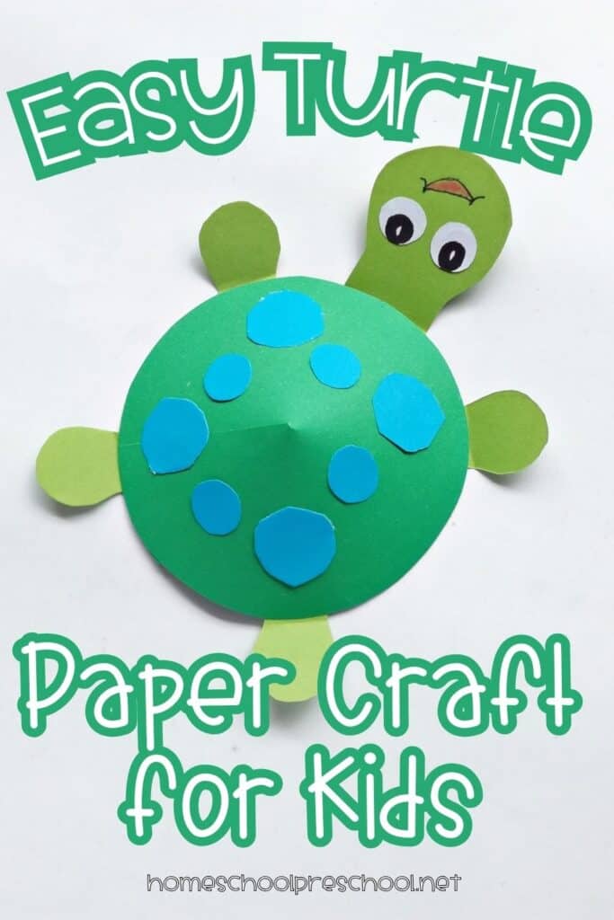 Easy turtle paper craft for kids made with green construction paper and blue shell spots for a preschool ocean animal activity.