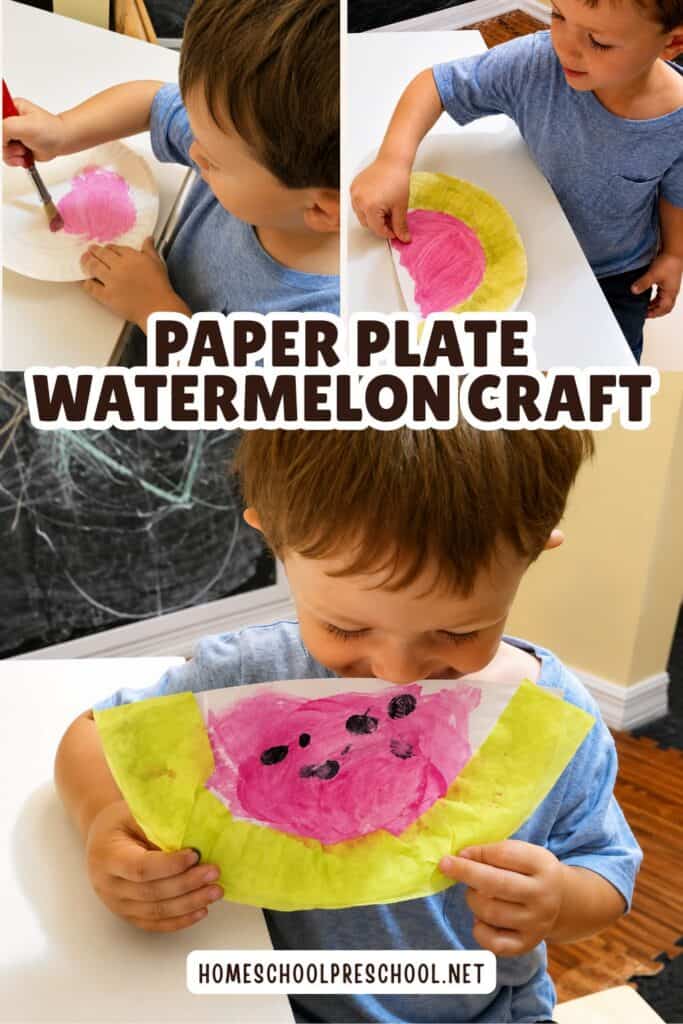 Paper plate watermelon craft for preschoolers featuring step-by-step photos of painting, assembling, and finishing the summer craft.