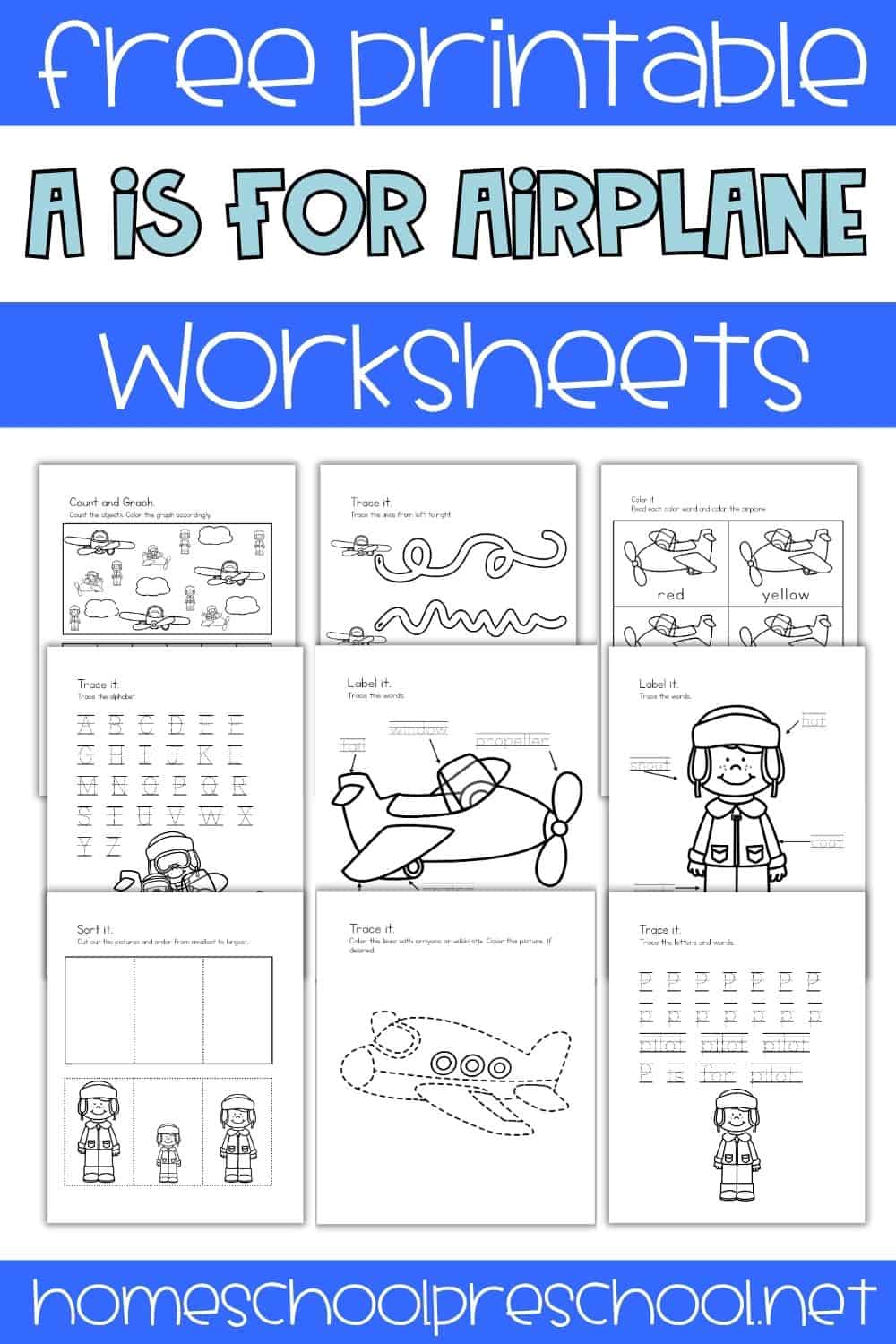 Free printable A is for airplane worksheets for preschoolers featuring tracing, counting, sorting, labeling, and fine motor activities
