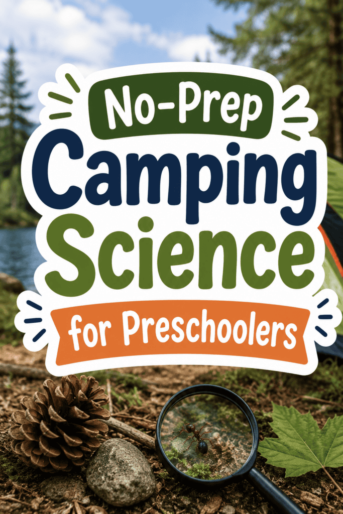 Sticker-style text overlay that reads “No-Prep Camping Science for Preschoolers” over an outdoor camping scene with pinecones, rocks, leaves, and a magnifying glass examining an insect near a campsite.