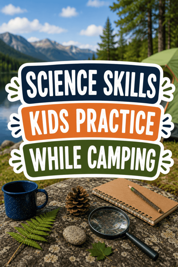 promotional image reading 'science skills kids practice while camping' over a mountain campsite scene with a notebook, magnifying glass, pinecone, leaves, and camping mug on a rock outdoors.