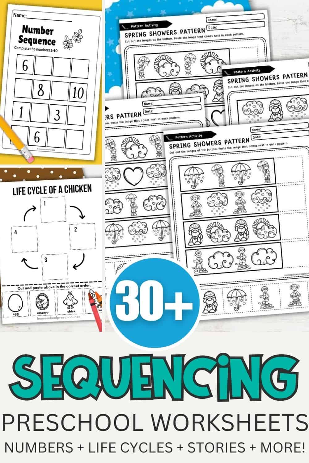 30+ sequencing worksheets for preschool featuring number sequencing, life cycle activities, and pattern worksheets for kids