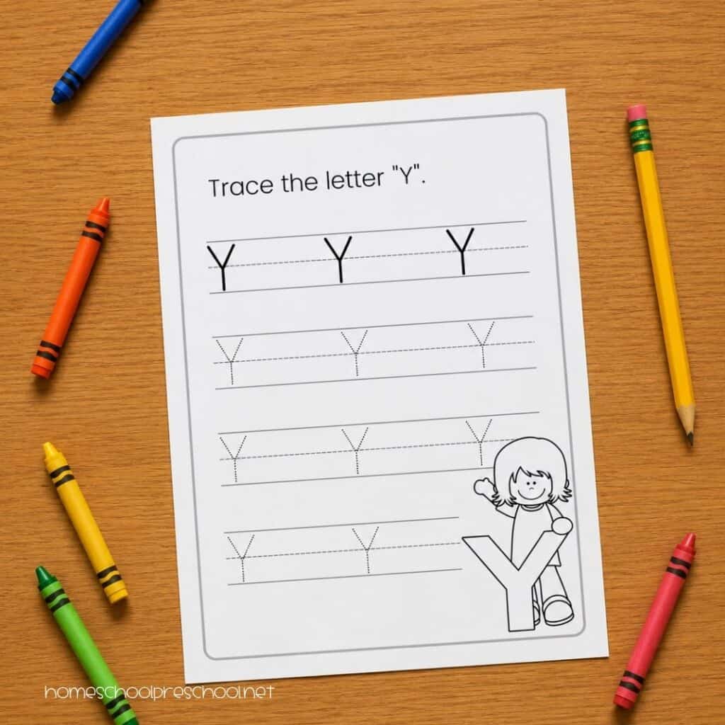 Capital letters tracing worksheet for the letter Y showing solid letter models and dotted tracing rows on a wood table surrounded by colorful crayons and a yellow pencil.