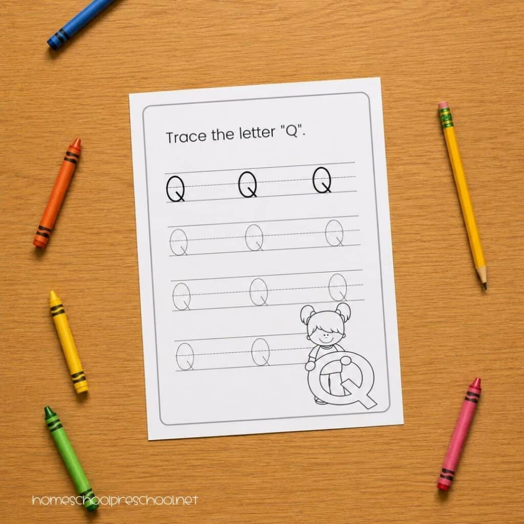 Capital letters tracing worksheet for the letter Q showing solid letter models and dotted tracing rows on a wood table surrounded by colorful crayons and a yellow pencil.