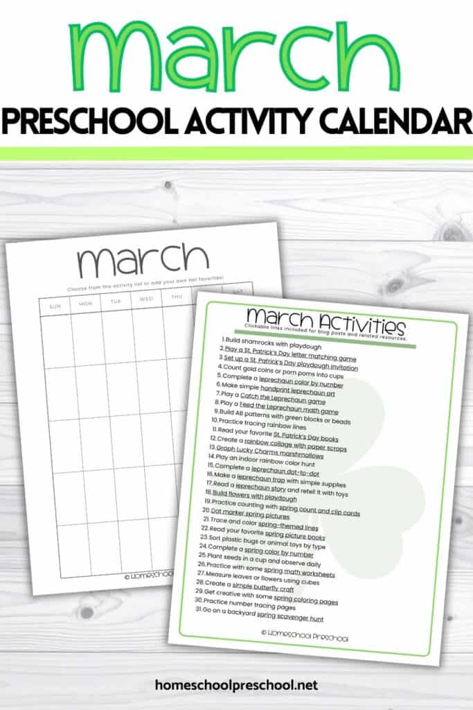 March preschool activity calendar printable with 31 St. Patrick’s Day and spring-themed learning ideas plus a blank monthly planning page from Homeschool Preschool.