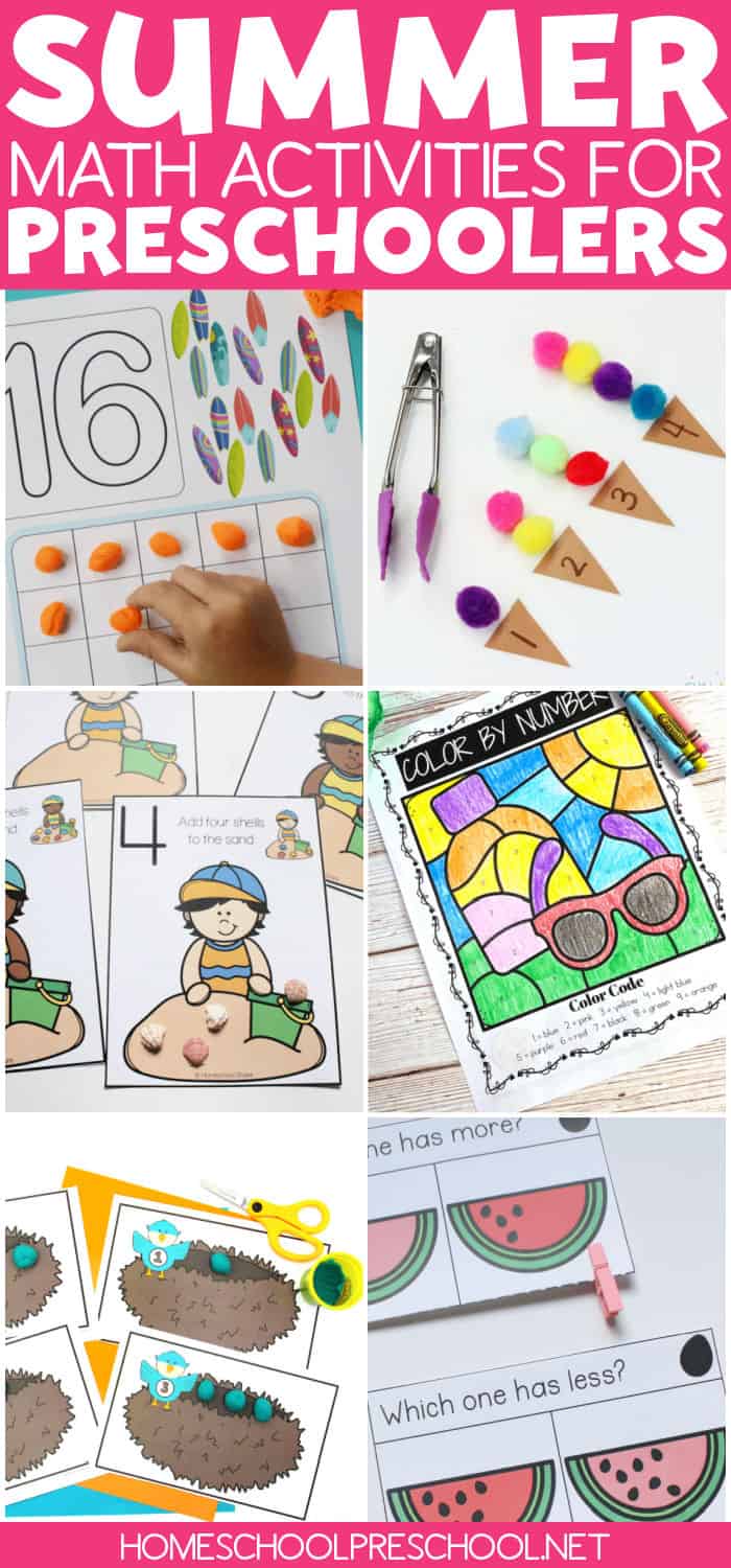 collage of summer math activities for preschoolers