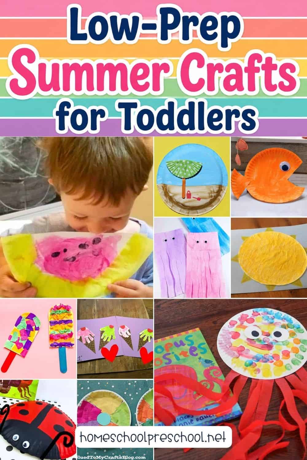 Pinterest graphic titled "Low-Prep Summer Crafts for Toddlers" featuring a collection of easy summer crafts, including a watermelon craft, beach scene, fish, jellyfish, sun, popsicle, ice cream cone, ladybug, beach ball, and octopus craft.