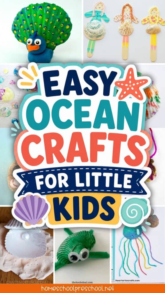 Easy ocean crafts for little kids using real seashells, including jellyfish crafts, shell animals, painted seashells, and preschool beach activities.
