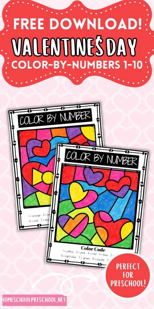 Free Valentine’s Day color by number printables for preschool, featuring heart-themed worksheets colored with crayons.