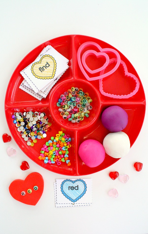 Candy-Heart-Spelling-Valentines-Day-Play-Dough-and-Free-Printable-Sight-Word-Cards Educational Valentines Activities for Toddlers and Preschoolers