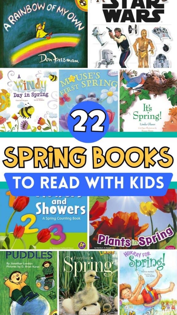 Spring books for preschoolers collage featuring 22 books to read with kids including The Tiny Seed, Puddles, and Mouse’s First Spring