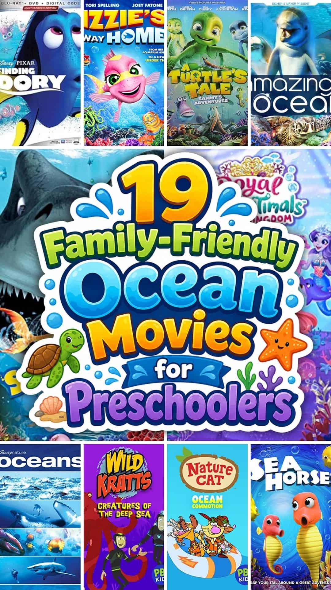 Collage of family-friendly ocean movies and shows for preschoolers, featuring Finding Dory, A Turtle's Tale, Amazing Ocean, Wild Kratts, Nature Cat, and other sea animal adventures.