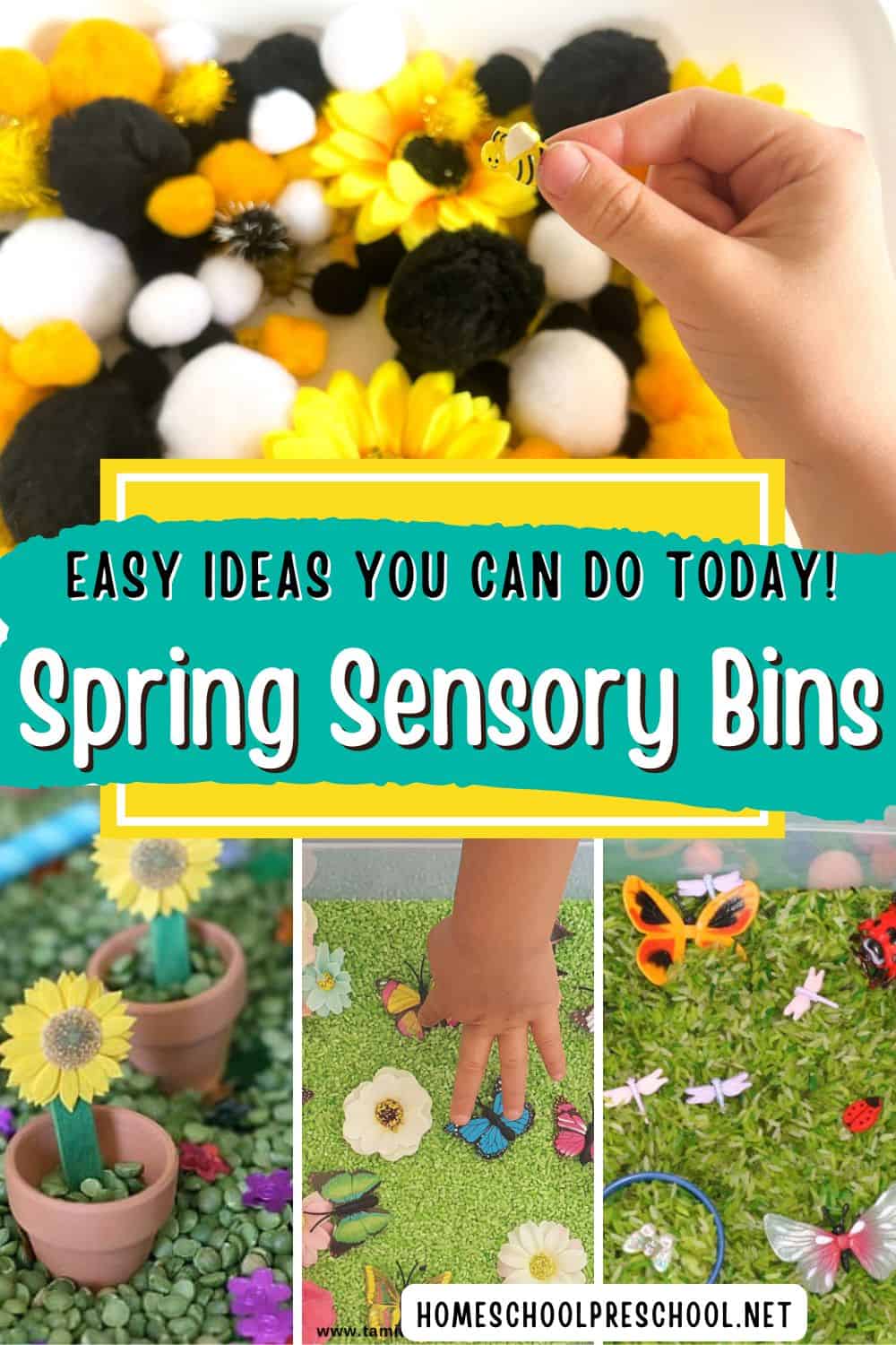 Spring sensory bins collage featuring a bee sensory bin with pom poms and flowers, a butterfly and flower bin with green rice, and a garden-themed bin, labeled “Easy Ideas You Can Do Today! Spring Sensory Bins” from HomeschoolPreschool.net.