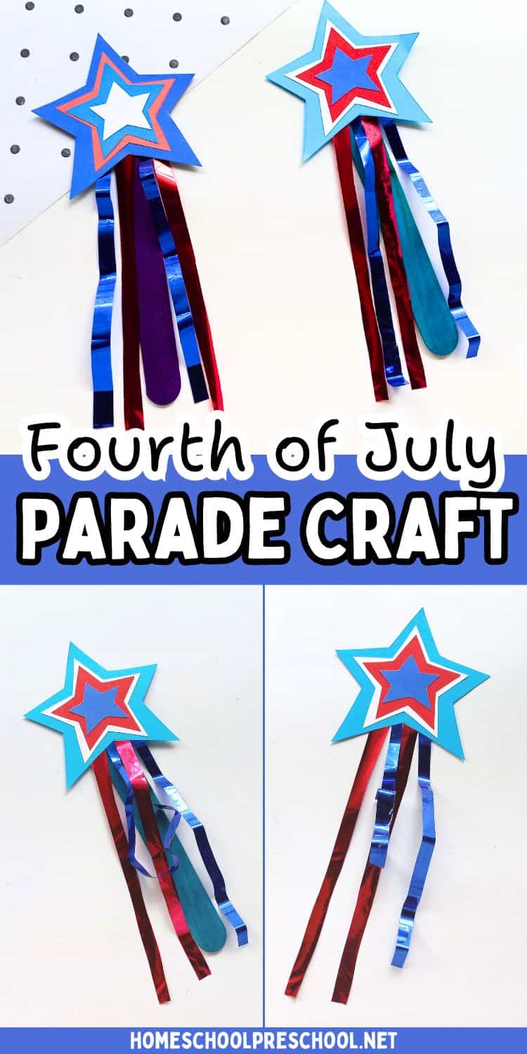 Fourth of July parade craft showing four views of a layered red white and blue paper star wand with metallic ribbon streamers on a popsicle stick handle