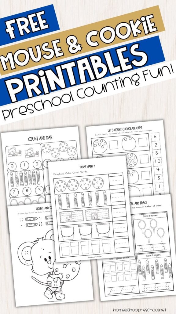 Free If You Give a Mouse a Cookie printables featuring preschool counting worksheets, including count and dab, number tracing, count and color, and simple math activities for early learners.