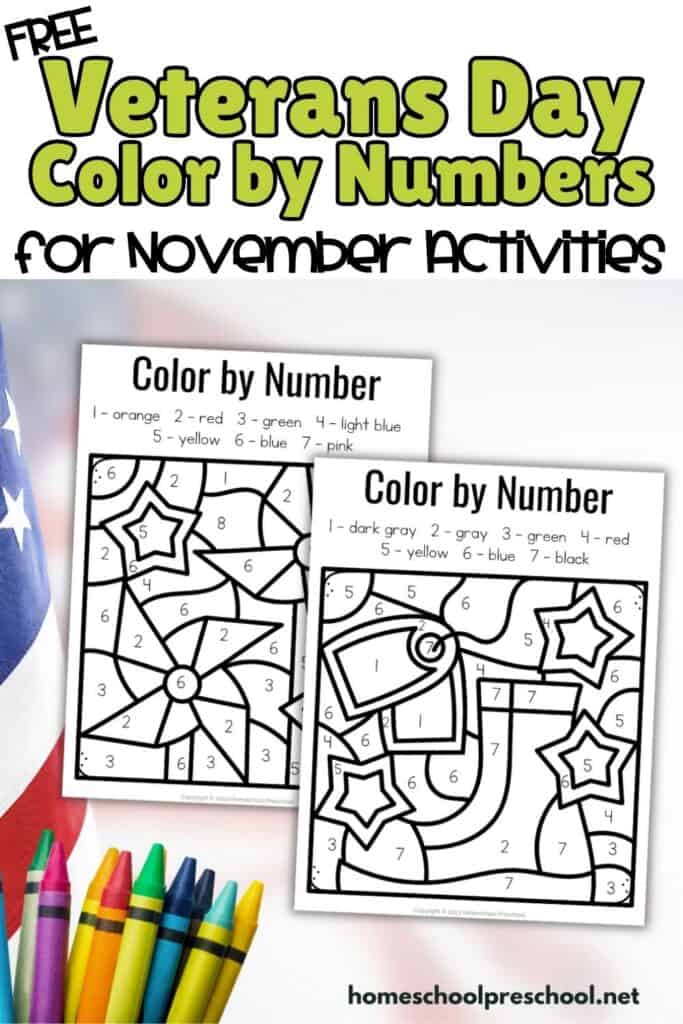 Free Veterans Day color by number worksheets for preschool and November activities, shown with crayons and patriotic accents.