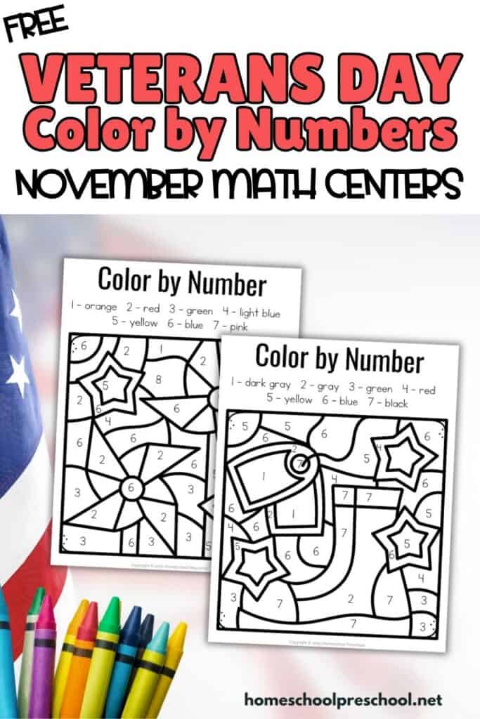 Veterans Day color by number worksheets for preschool, shown as printable November math center activities with crayons and patriotic accents.