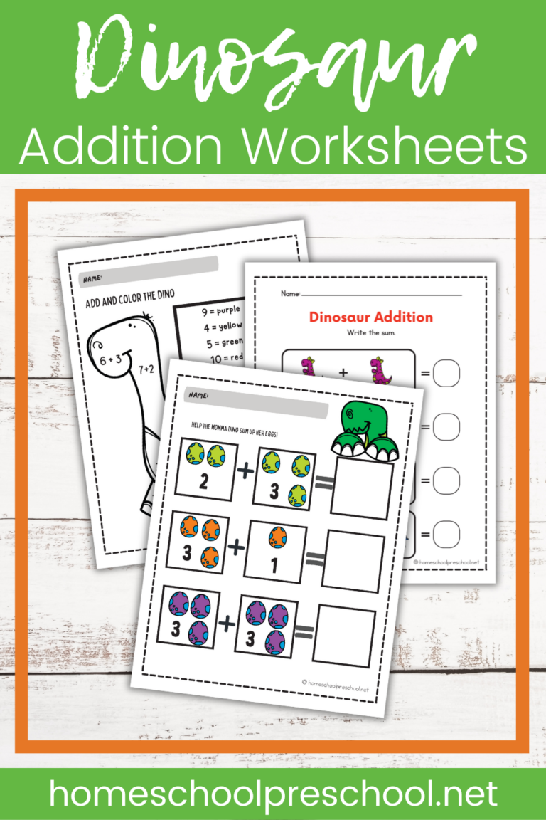 Dinosaur Addition Worksheets for Kindergarten