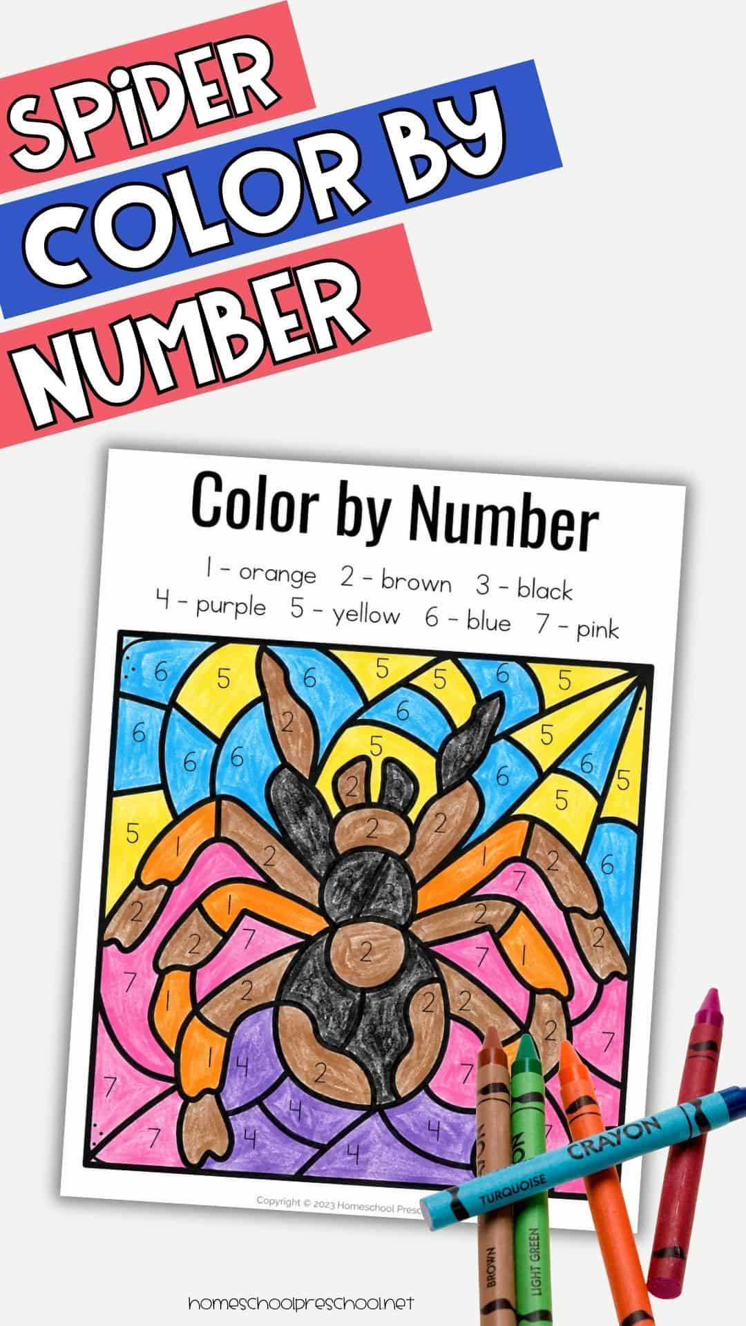 Spider color by number preschool worksheet with a completed spider picture and crayons, featuring numbers 1–7 matched to colors.