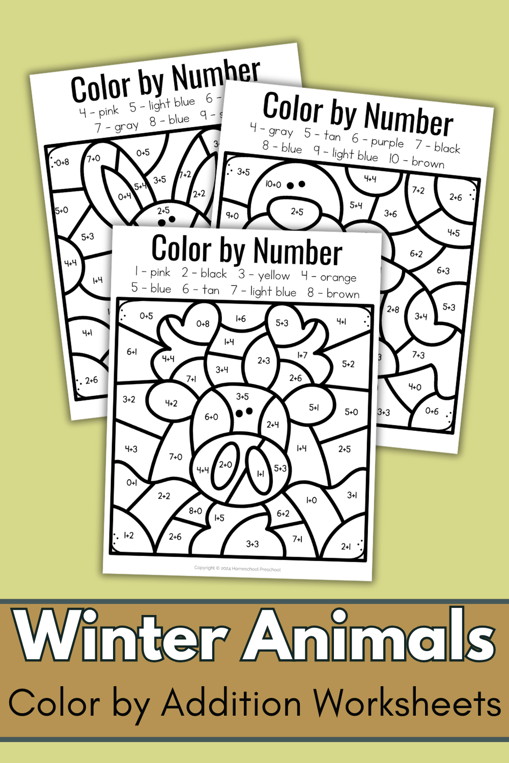 winter-animals-for-kids Addition Color by Number