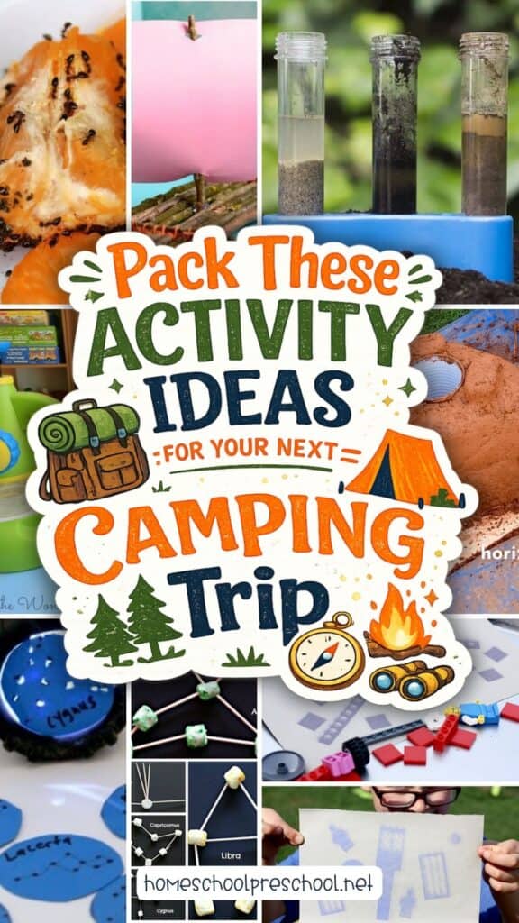 Camping STEM activities for preschoolers including ant science, twig boat, soil science, clay rocket stove, marshmallow constellations, flashlight constellations, and sun prints