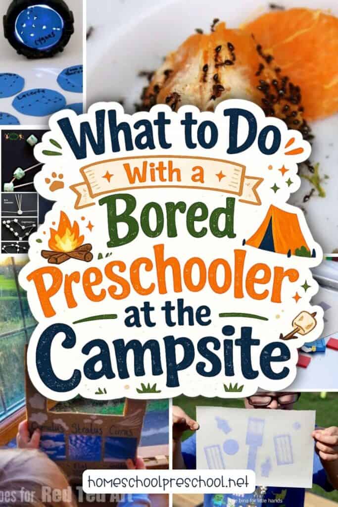 Camping STEM activities for preschoolers including flashlight constellations, ant science, marshmallow constellations, cloud spotter, and sun prints