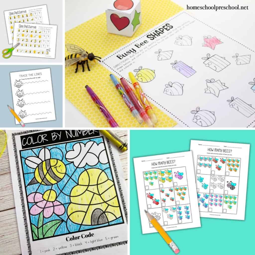 Collage of printable preschool bee worksheets including shape matching, color by number, counting, tracing lines, and patterns