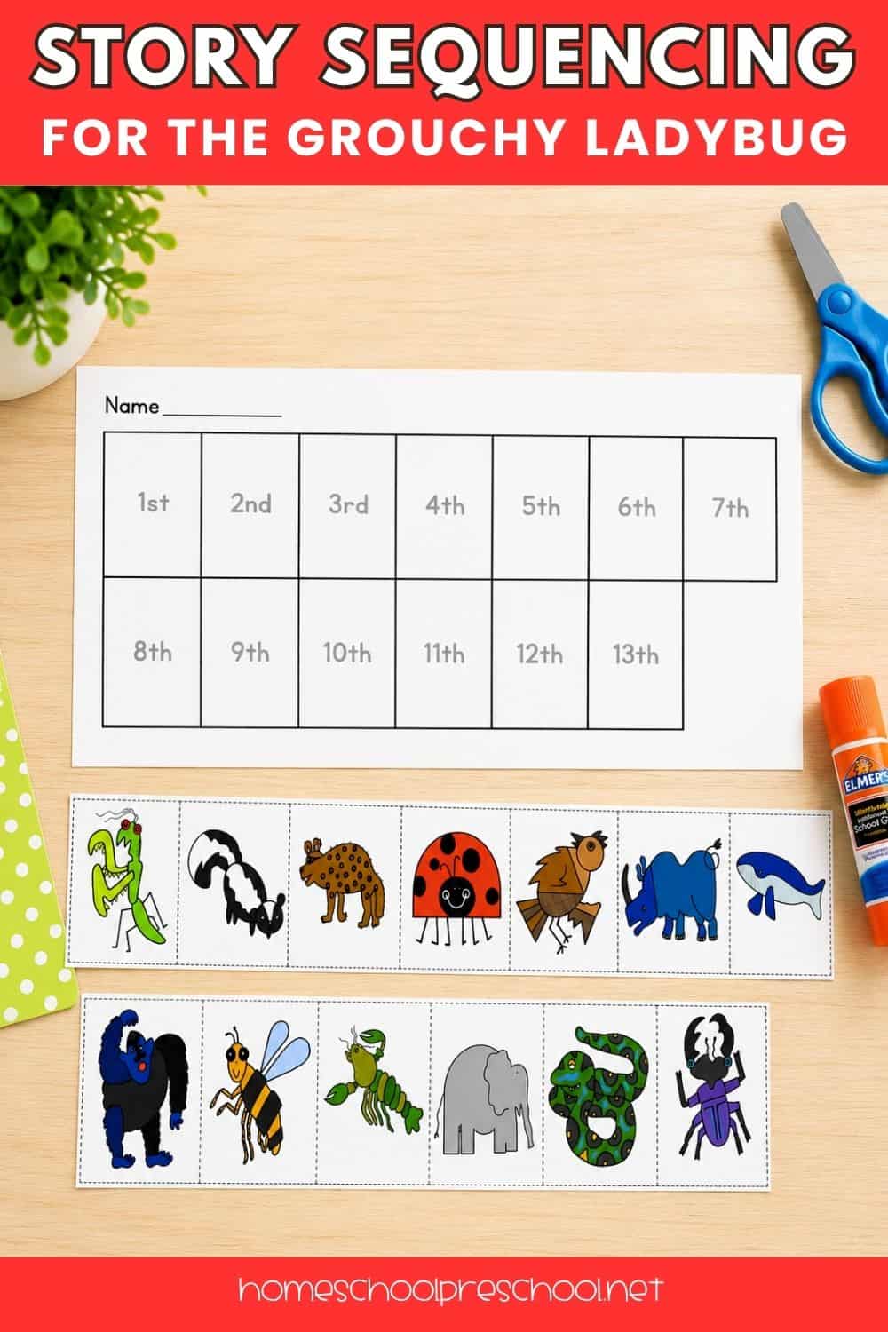 Story sequencing activity for The Grouchy Ladybug with printable sequencing cards for preschoolers