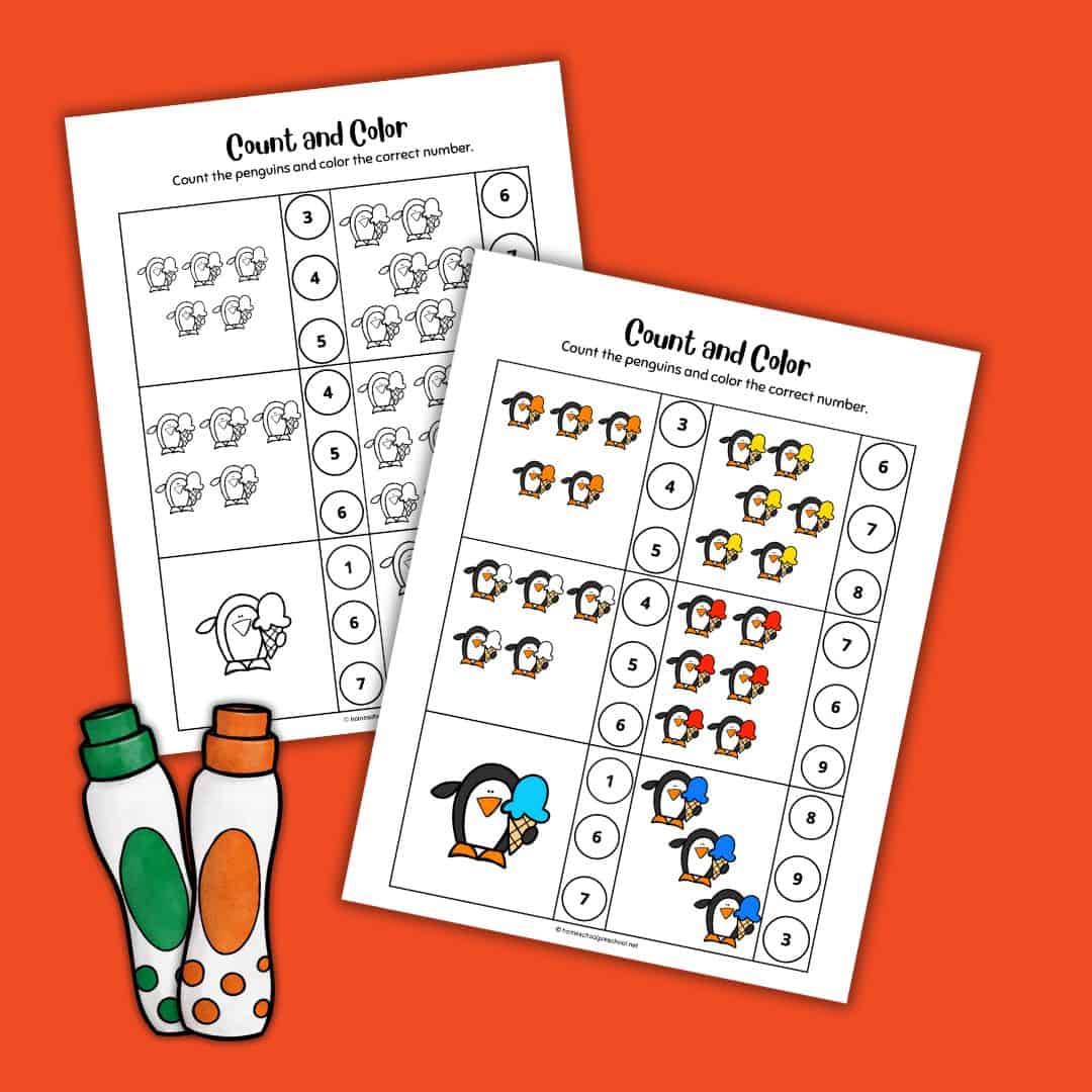 Fun Ice Cream Penguins Counting Worksheets for Preschool
