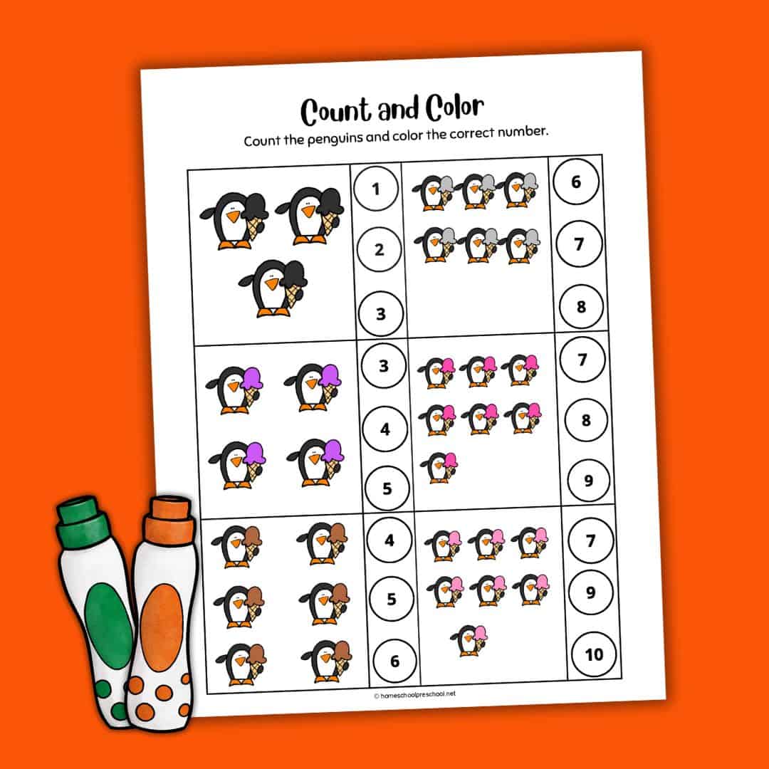 Fun Ice Cream Penguins Counting Worksheets for Preschool