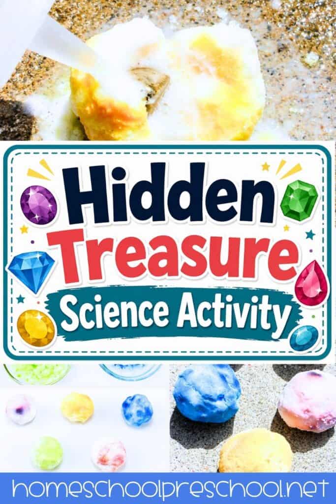 Magic treasure rocks science activity for preschoolers featuring colorful baking soda treasure rocks, hidden treasures, and a fizzy vinegar reaction.