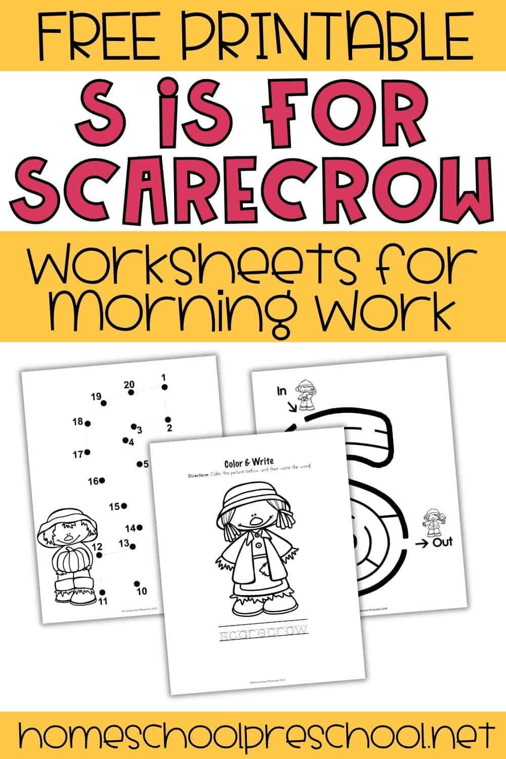 Free printable scarecrow alphabet worksheets featuring letter S practice, a dot-to-dot page, a maze, and a color-and-write activity for preschool morning work.