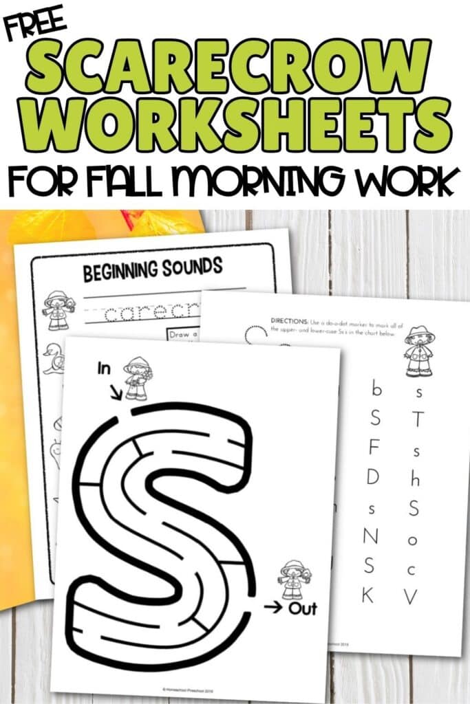 Free scarecrow worksheets for preschool fall morning work featuring letter S maze, beginning sounds, and uppercase and lowercase letter recognition activities.